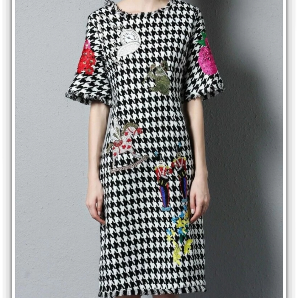 Black & White Houndstooth Applique Midi dress